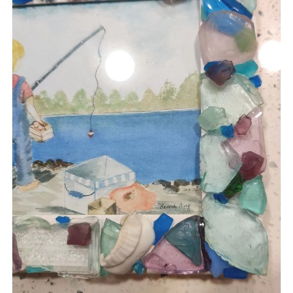 Handmade Shells & Sea Glass Framed Art Decor & Drawing Fishing Trip Theme Signed - Picture 6 of 16